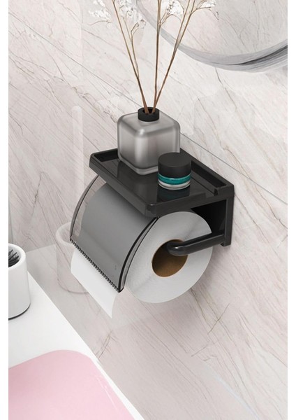 Home Yapışkanlı Kapaklı Tuvalet Kağıdı Askısı Banyo Tuvalet Kağıtlığı Aparatı Peçetelik Organizer Plastik, Siyah