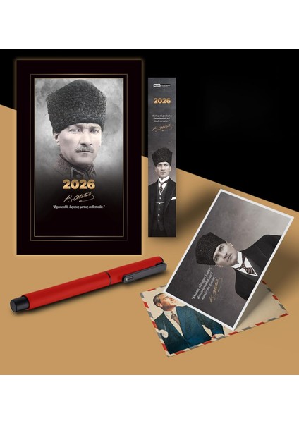 Komutan Atatürk Ajandası Ayraç Kartpostal Kalem - Kırmızı