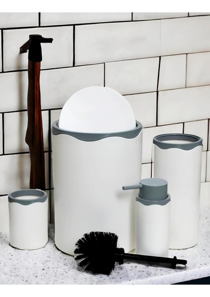 High-Tech Azra Akrilik 5 Parça Modern Banyo Seti, Beyaz-Mat Gümüş, Çöp Kovası/tuvalet Fırçası/tuvalet Fırça Kabı/sıvı Sabunluk/diş Fırçalık