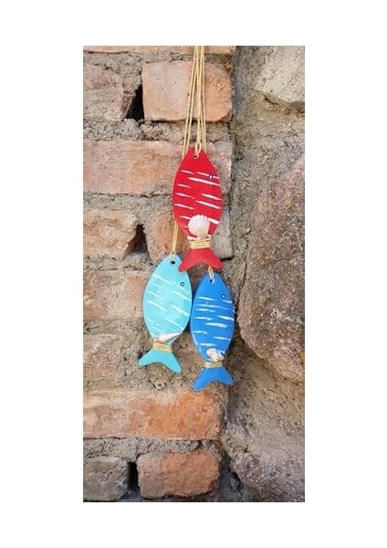 Balık Duvar Süsü, 3'lü Set, Kırmızı ve Mavi Tonları, Deniz Kabuğu Detaylı modelleri