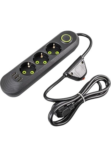 Akım Korumalı Priz, 3lü Siyah Topraklı Anahtarlı, Üçlü Grup Priz, 3 Priz ve 3 USB Çıkışı, 1.5 Metre Kablo Uzunluğu, Max 3000 Watt modelleri