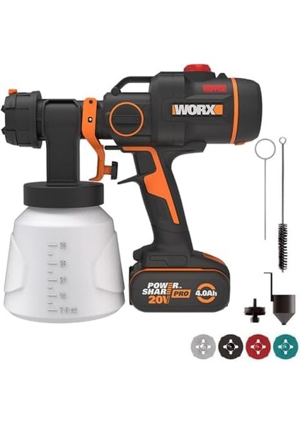 WX020 20VOLT 4.0AH. Li-Ion Tek Akülü Şarjlı Kömürsüz Devir Ayarlı Boya Tabancası + 4 Parça Yedek Nozul/meme fiyatları