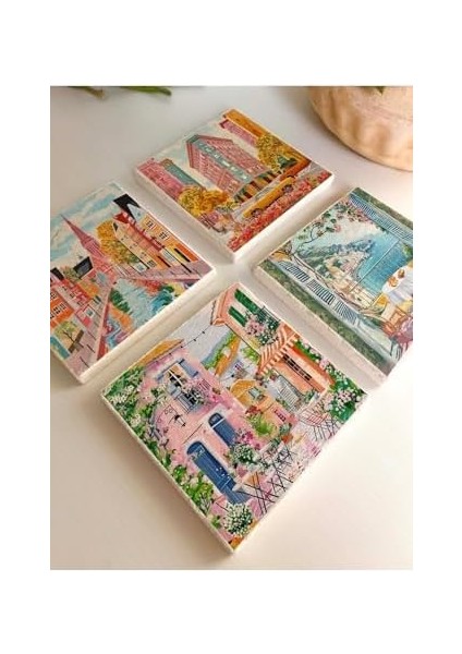 Bahar ve Yaz Avrupa Şehir Temalı Taş Bardak Altlıkları - 4 Lü Set Çiçekli ve Renkli fiyatları