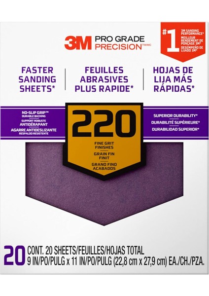 Pro Grade Kaymaz Kavrama Gelişmiş Zımpara Kağıdı, 22 x 28 Cm, 220 Grit, 20'li Paket