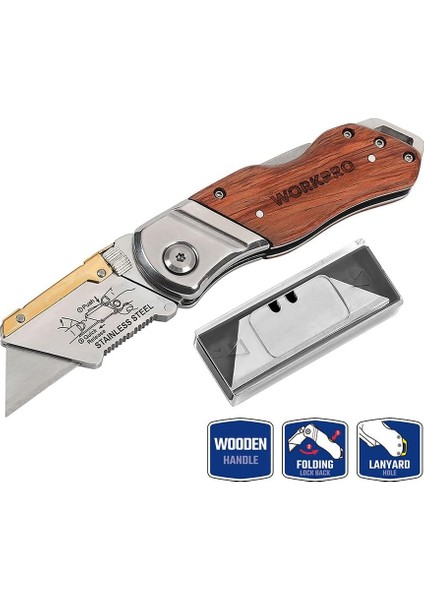 WP211014 Ağır Hizmet Paslanmaz Çelik/ahşap Gövde Katlanır Rötuş Maket Bıçağı + 10 Adet Yedek Bıçak