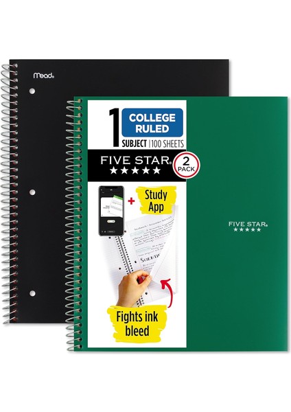 Star Spiral Defter + Çalışma Uygulaması, 2'li Paket, 1 Konu, Kolej Çizgili Kağıt, Mürekkep Kanaması ile Mücadele, Suya Dayanıklı Kapak, 2,5 cm x 11 Inç, 100 Yaprak, Siyah, Yeşil (820187)