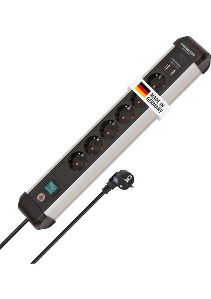 Premium-Alu-Line Çoklu Priz, Usb/çoklu Priz, 6 Bölmeli, Yüksek Kaliteli Alüminyum (3 M Kablolu ve Şalterli Priz, 2 Bölmeli USB 3,1 A, Almanya'da Üretilmiştir)