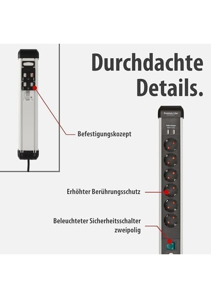 Premium-Alu-Line Çoklu Priz, Usb/çoklu Priz, 6 Bölmeli, Yüksek Kaliteli Alüminyum (3 M Kablolu ve Şalterli Priz, 2 Bölmeli USB 3,1 A, Almanya'da Üretilmiştir) modelleri