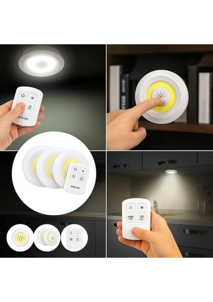 3 Lü Kablosuz LED Spot Işık Seti - Uzaktan Kumandalı, Yapışkan Bantlı, Pilli, 3W Cob Led, 150 Lümen, 2 Parlaklık Seviyesi, Zamanlayıcılı Dolap Tezgah Banyo Aydınlatmas modelleri