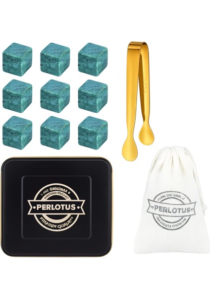 9 Adet Granit Mermer Viski Taşı ve Gold Buz Maşası Seti Babalar Günü Hediyesi