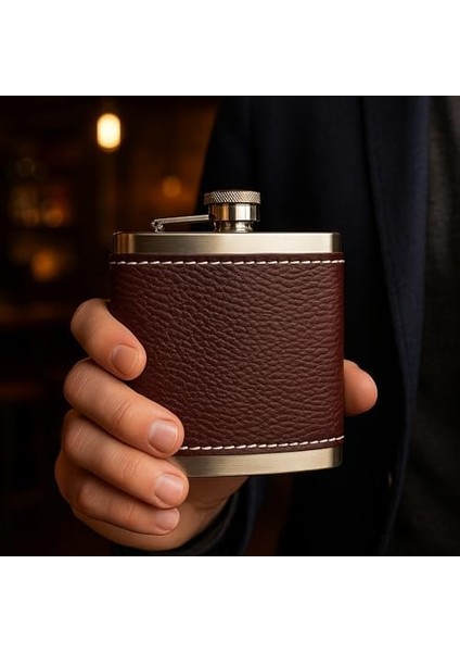 5 OZ-150 cc Hunili Kahve Brown Deri Kılıf Çelik Viski Içki Konyak Matarası modelleri