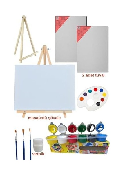 Doğal Seramik Hamuru Resim - Boya Seti - Mini Masa Şövalesi, 2 Adet Tuval, Resim Verniği, Akrilik Boya, Palet, (Şövalye) Karışık fiyatları