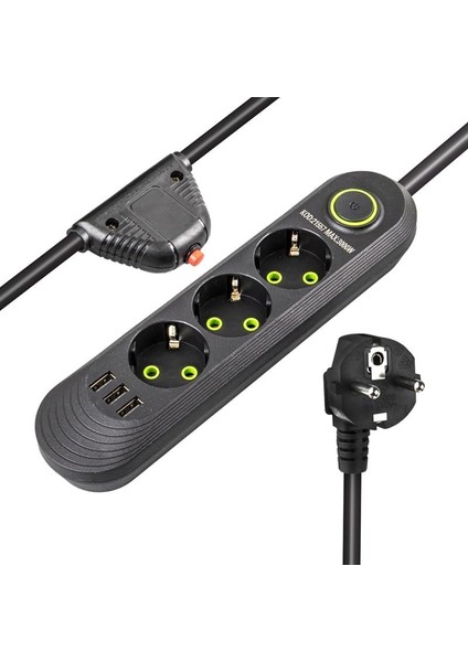 Akım Korumalı Grup Priz, 3 Lü Priz,1.5 Metre Kablolu, 3 USB Li 3000W, 16 Amper, Kablo Üstünde Termal Koruma Sigortalı, Çocuk Korumalı, Topraklı (Sıyah-3)