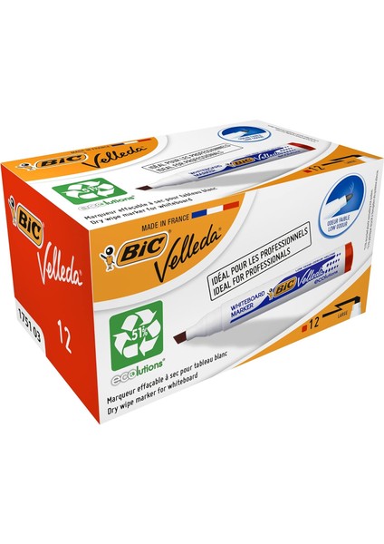 Velleda 1751 Eco Kesik Uçlu Beyaz Tahta Kalemi, Kırmızı, 12'li Kutu, 3,7 mm ile 5,5 mm Kalın Uç,kuru Silinebilir Mürekkep