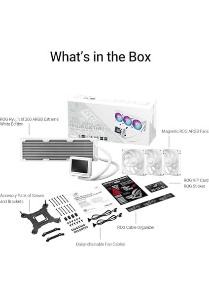 Rog Ryujın Iıı 360 Argb Extreme Whıte Sıvı Soğutucu Asetek Emma Gen8 V2 Pompa Yüksek Hava Akışı ve Statik Basınç Için Manyetik Argb Fanlar 3.5ınc LCD Donanım Takibi ve Özel Gıfler modelleri