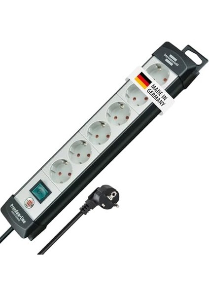 Premium-Line 6'lı Çoklu Priz - Şalterli, 5 M Kablolu, 45° Düzenli, Duvar Montajlı (Alman Malı) Siyah/gri modelleri