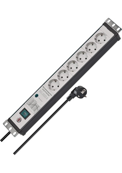 Premium-Line Çoklu Priz, 6 Katlı, Aşırı Gerilim Korumalı, 60.000 A (19 Inç Formatında, 3 M Kablo, Şalterli, Alman Malı) Siyah/gri