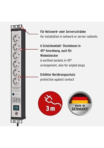 Premium-Line Çoklu Priz, 6 Katlı, Aşırı Gerilim Korumalı, 60.000 A (19 Inç Formatında, 3 M Kablo, Şalterli, Alman Malı) Siyah/gri fiyatları