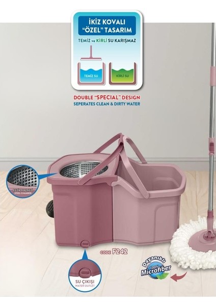 Twin Turbo Pedallı Çelik Mop Set, Temiz - Kirli Suyu Ayıran Otomatik Temizlik Seti 1+1 Mop- Videolu