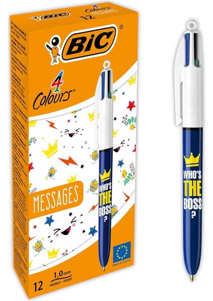 4 Colours Message Tükenmez Kalem 12'li Kutu, 1.0mm Uç, Tek Kalemde Mavi, Kırmızı, Yeşil ve Siyah Renkler