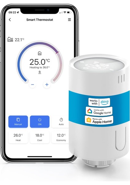 Akıllı Termostat Vanası, Homekit Uyumlu Akıllı Radyatör Vanası, Wlan Akıllı Termostat, Uzaktan Kontrol, Siri Alexa Google Assistant Uyumlu, Hub Gerekli, 6 Adaptör, 1 Adet, Beyaz
