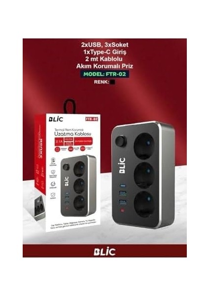 Çoklayıcı 3lü Priz 2 USB 1 Type-C 2 Metre Kablo Anahtarlı Termal Akım Korumalı Priz fiyatları