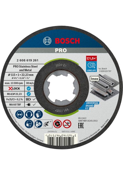 Professional 10 Adet Düz Kesme Diski Standart (Inox, X-Lock, Ø115 Mm, Delik Çapı: 22,23 Mm, Kalınlık: 1 Mm), Ø 115 mm