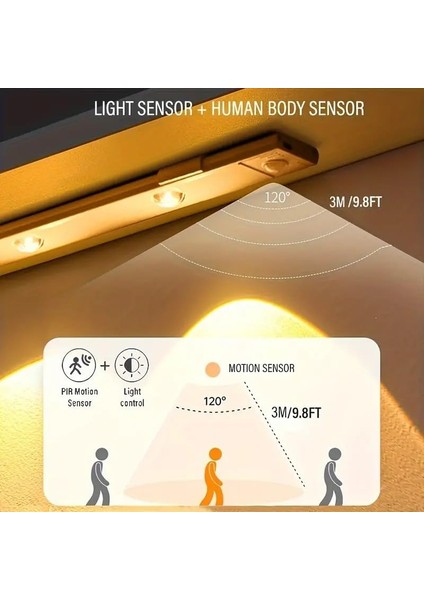 Şarjlı Hareket Sensörlü LED Şerit Çift Modlu Sensörlü Veya Sürekli Işık Yatak Odası Banyo Mutfak Çalışma Odası Aydınlatma Ayarlanabilir 3 Farklı Işık Rengi 60CM 4'lü Işık (BS-1999-05) modelleri