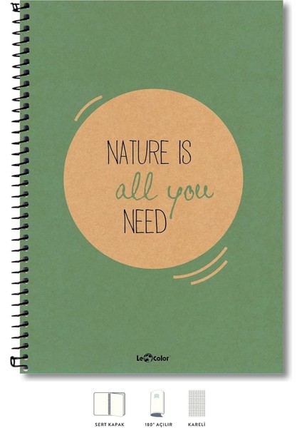 Color 2015074/2 Eco Kraft Sert Kapaklı, Spiralli, Sarı Kağıtlı, 200 Sayfa Yeşıl