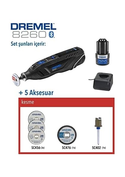 8260 Akülü Dünyanın Akıllı ve Fırçasız Motorlu Ilk Çok Amaçlı El Motoru,12 V 3 Ah Lityum Iyon Akü, 5 Aksesuarlı modelleri