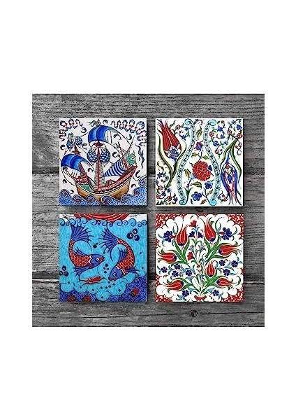 Stone Çini Sanatı Lale, Balık, Yelkenli Gemi Taş Bardak Altlığı Seti - 4 Parça - Dekoratif, Rustik Mutfak Aksesuarı, 10X10 Cm, Kaydırmaz Tabanlı, Şık ve Dayanıklı SC221 modelleri