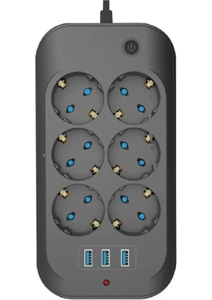 Wlue Çoklu Priz, 6'lı, 3 USB Port 3.4A, 2500W, 2m Kablo, Akım ve Çocuk Korumalı, Anahtarlı, Siyah