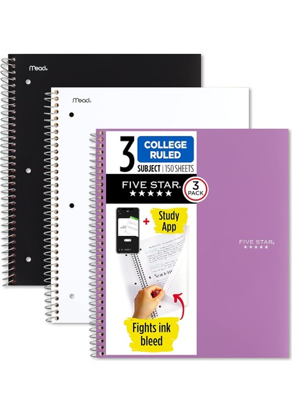 Star Spiral Not Defteri, 3'lü Paket, 3 Temalı, Kolej Çizgili Kağıt, 27,9 x 21,6 Cm, 150 Yaprak, Siyah, Beyaz ve Kırmızı (820192)