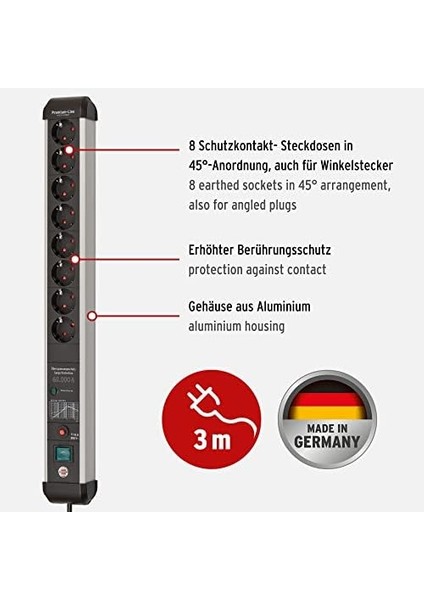 Premium Protect-Line Güç Şeridi 8 Yollu Aşırı Gerilim Korumalı 60.000 A (Anahtarlı ve 3 M Kablo ile Çoklu Soket, Almanya Malı) Gümüş/siyah modelleri