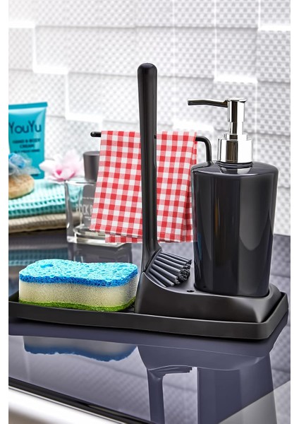 Silikon Fırçalı Mutfak Banyo Sıvı Sabunluk Süngerlik Seti