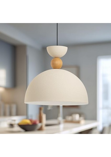 Ahşap Boncuk Detaylı Tekli Sarkıt Aydınlatma, Metal Sıvama, Ev, Ofis, Cafe, Restoran Avizeleri, E27 Duy (Dokulu Krem) fiyatları