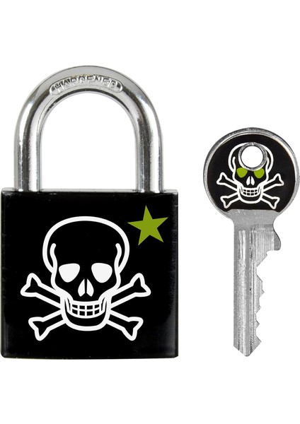 Lock 3430EURDSKULL Anahtar Asma Kilit, Kafatası Motifli, 5,3 x 3 x 1,5 Cm, Siyah, Beyaz ve Yeşil