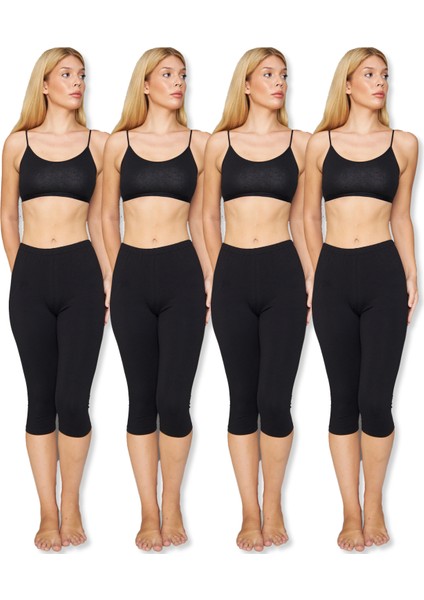 4 Adet Diz Altı Pamuklu Penye Tayt, %95 Pamuklu %5 Likralı Tayt, Kapri Tayt, Içlik, Büyük Beden Tayt