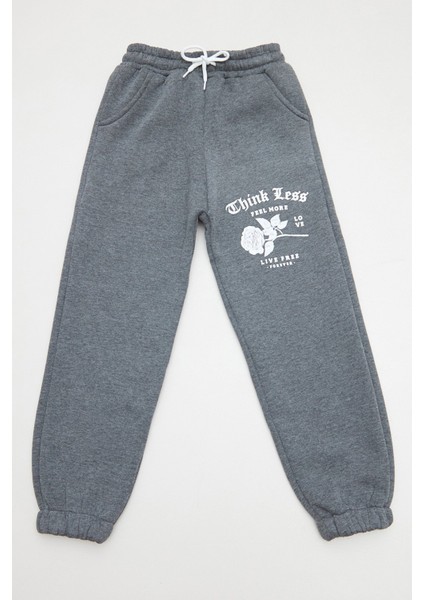 Gül ve Yazı Baskılı Beli Lastikli Kız Çocuk Eşofman Altı