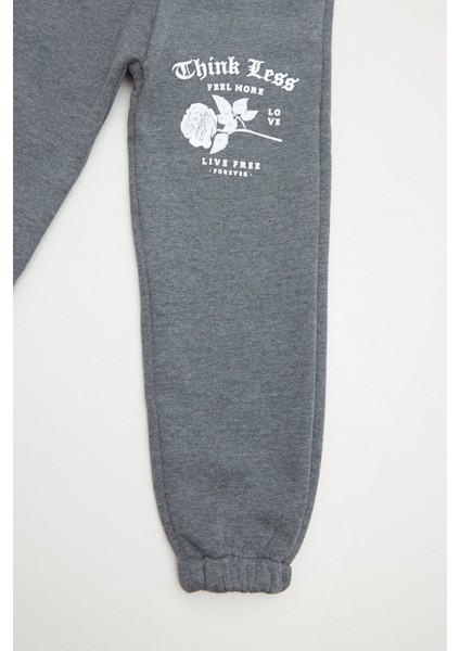 Gül ve Yazı Baskılı Beli Lastikli Kız Çocuk Eşofman Altı fiyatları