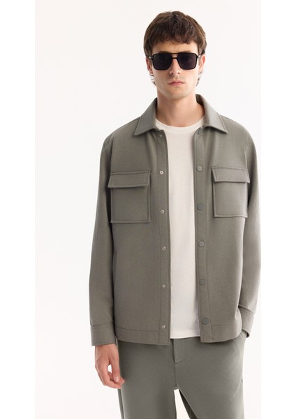 Erkek Gri Yeşil Klasik Yaka Pamuklu Comfort Fit Gömlek Ceket A52Y2092
