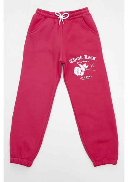 Gül ve Yazı Baskılı Beli Lastikli Kız Çocuk Eşofman Altı