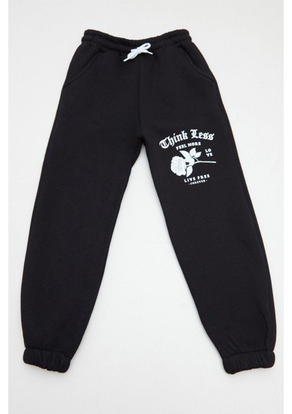 Gül ve Yazı Baskılı Beli Lastikli Kız Çocuk Eşofman Altı