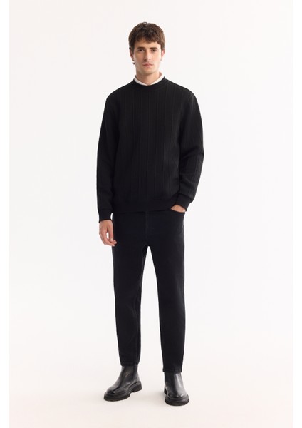 Erkek Siyah Bisiklet Yaka Çizgili Elastan Regular Fit Sweatshirt A52Y1218