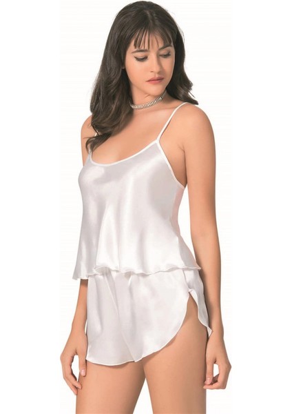 - Ekru Saten Babydoll Şort Takımı