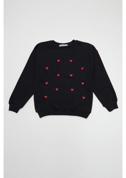 Kalp Nakışlı Kız Çocuk Sweatshirt