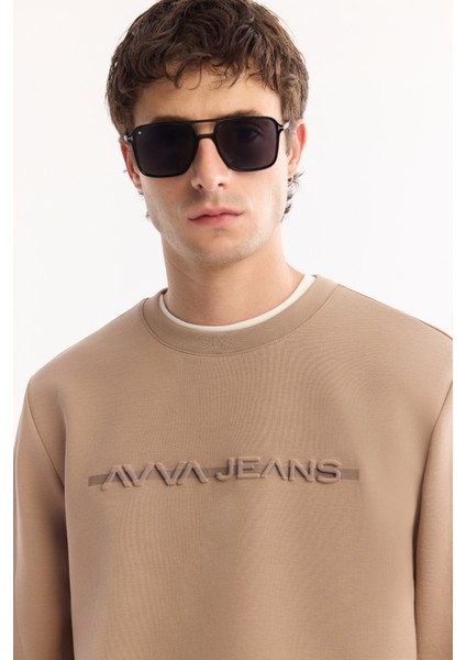 Erkek Vizon Bisiklet Yaka Pamuklu Bi-Stretch Baskılı Regular Fit Sweatshirt A52Y1210 fiyatları