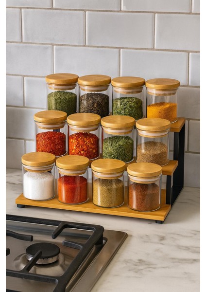 300 cc Borosilikat 12 Lı Standlı-Bambu Kapaklı Lux Baharatlık Seti-Borosilikat Cam-Saklama