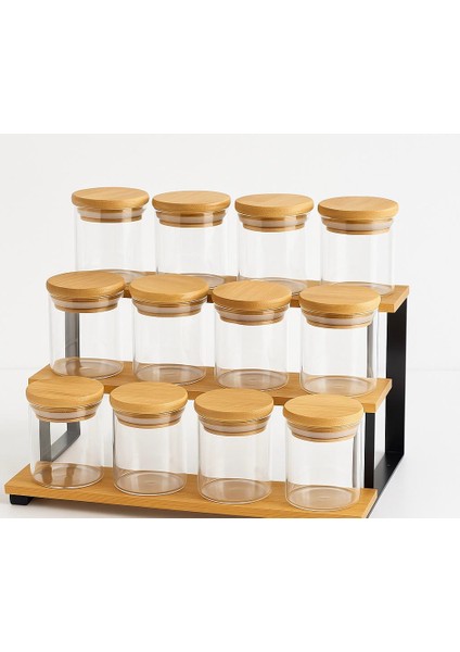 300 cc Borosilikat 12 Lı Standlı-Bambu Kapaklı Lux Baharatlık Seti-Borosilikat Cam-Saklama modelleri