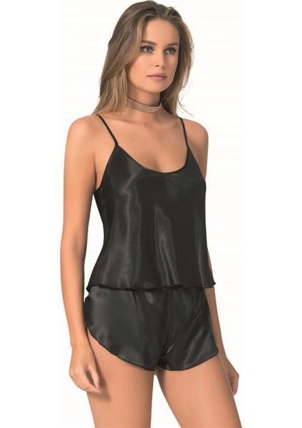 - Siyah Saten Babydoll Şort Takımı